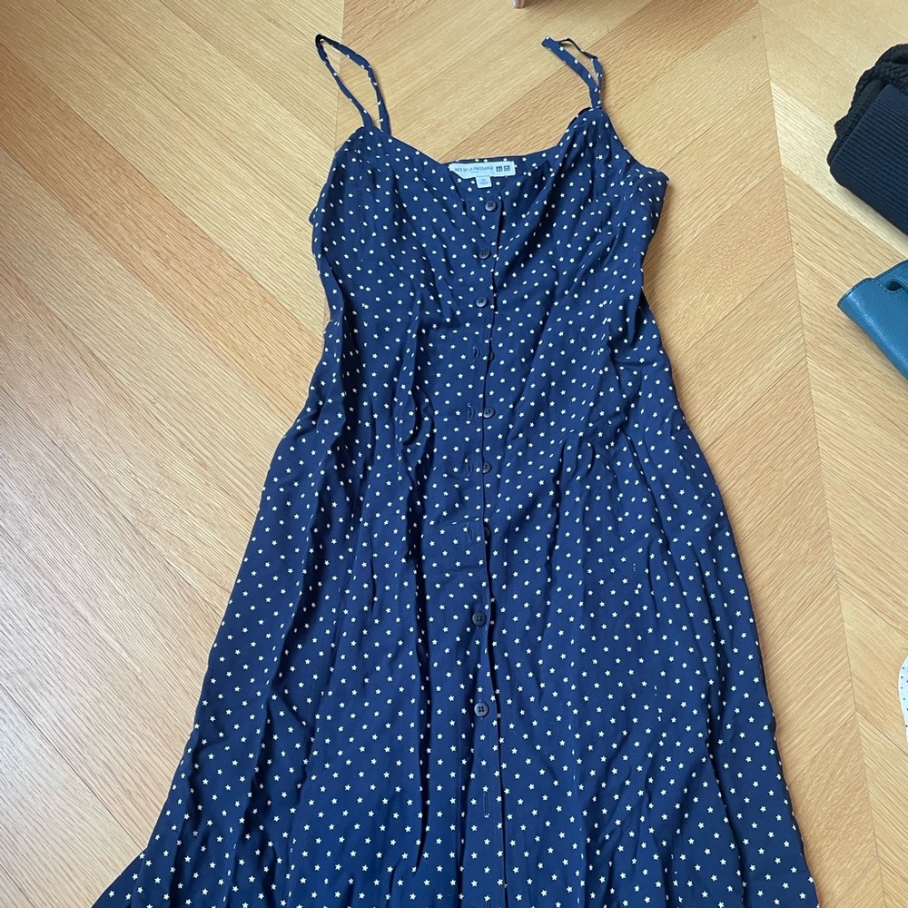 UNIQLO Semi long Midi dress, navy blue with white starts.